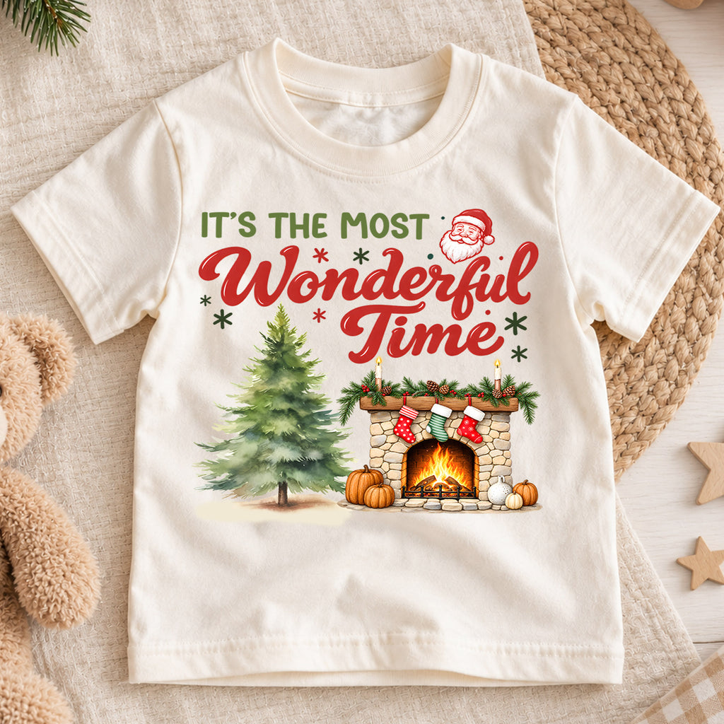 Wonderful Time Santa Claus Face Christmas Shirt, Cozy Fireplace Holiday Kids Tee, Festive Winter Outfit, Cute Christmas Gift for Kids — product view 1