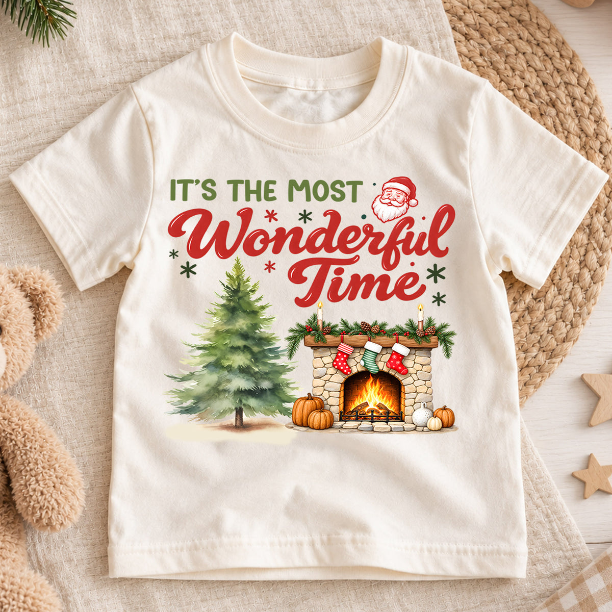 Wonderful Time Santa Claus Face Christmas Shirt, Cozy Fireplace Holiday Kids Tee, Festive Winter Outfit, Cute Christmas Gift for Kids — product view 1