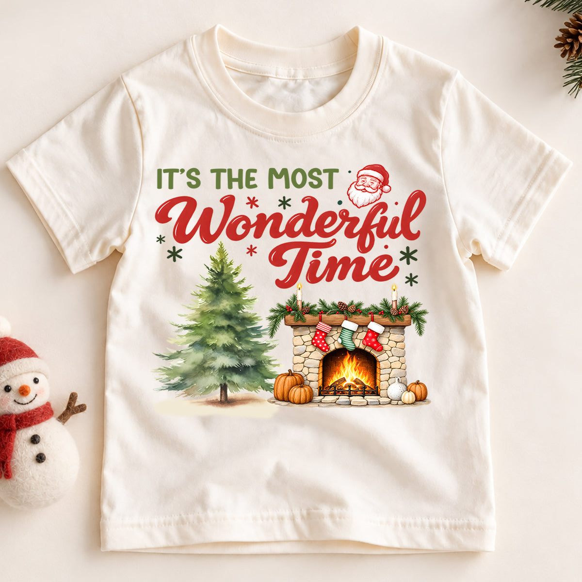 Wonderful Time Santa Claus Face Christmas Shirt, Cozy Fireplace Holiday Kids Tee, Festive Winter Outfit, Cute Christmas Gift for Kids — product view 2