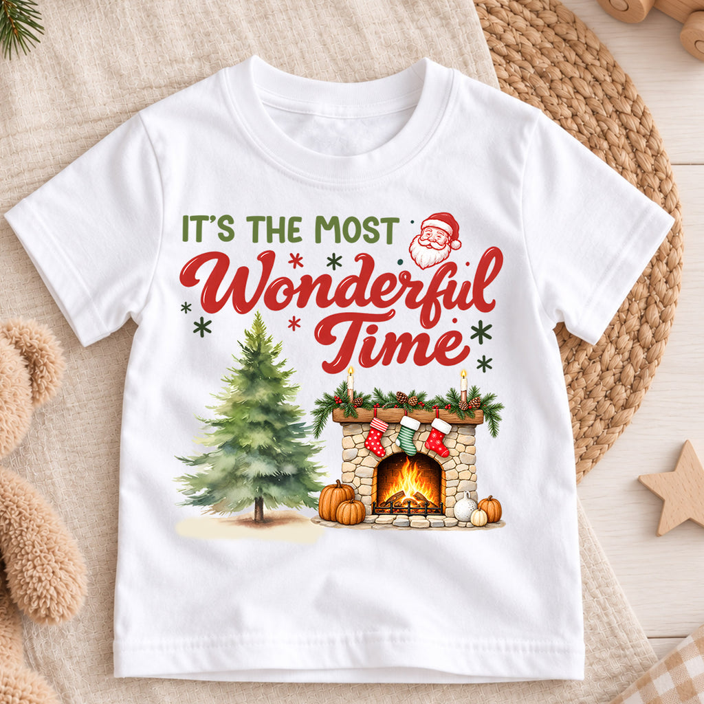 Wonderful Time Santa Claus Face Christmas Shirt, Cozy Fireplace Holiday Kids Tee, Festive Winter Outfit, Cute Christmas Gift for Kids — product view 3