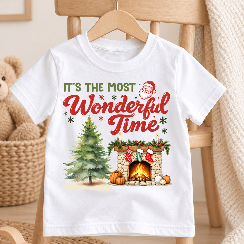 Wonderful Time Santa Claus Face Christmas Shirt, Cozy Fireplace Holiday Kids Tee, Festive Winter Outfit, Cute Christmas Gift for Kids — product view 4