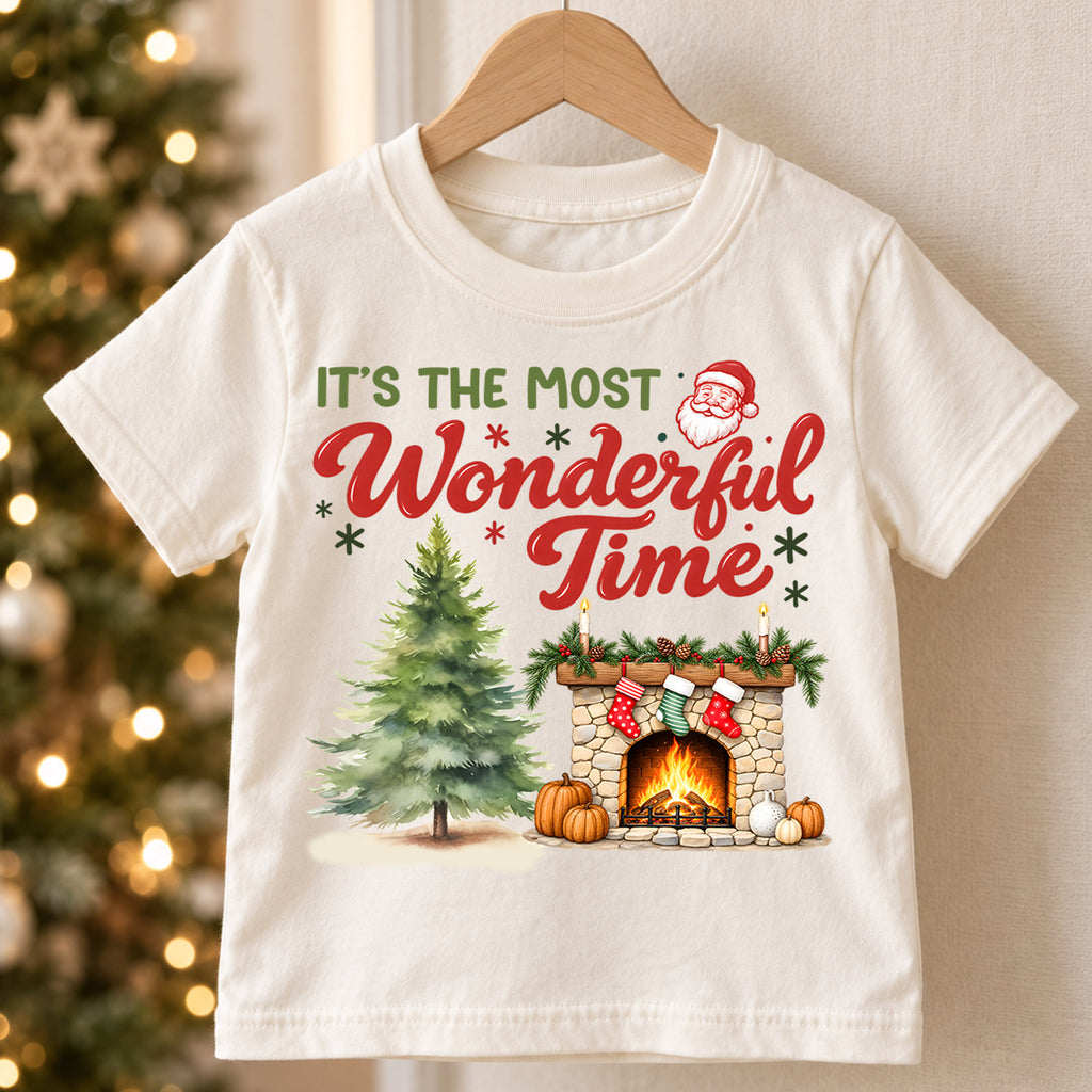 Wonderful Time Santa Claus Face Christmas Shirt, Cozy Fireplace Holiday Kids Tee, Festive Winter Outfit, Cute Christmas Gift for Kids — product view 5