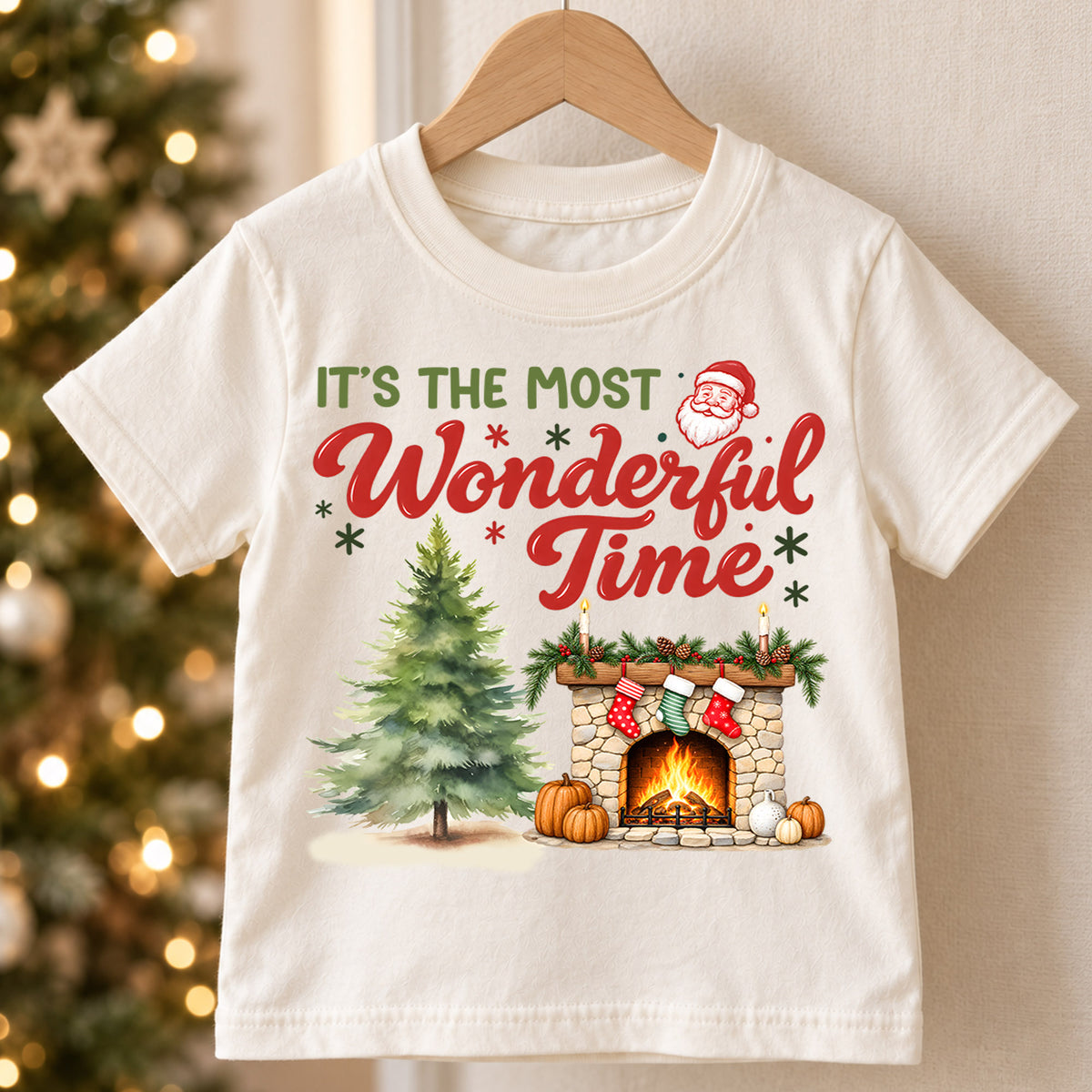 Wonderful Time Santa Claus Face Christmas Shirt, Cozy Fireplace Holiday Kids Tee, Festive Winter Outfit, Cute Christmas Gift for Kids — product view 5