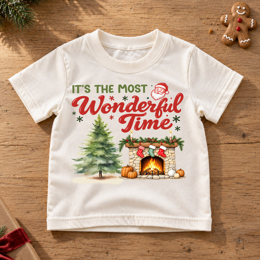 Wonderful Time Santa Claus Face Christmas Shirt, Cozy Fireplace Holiday Kids Tee, Festive Winter Outfit, Cute Christmas Gift for Kids — product view 6