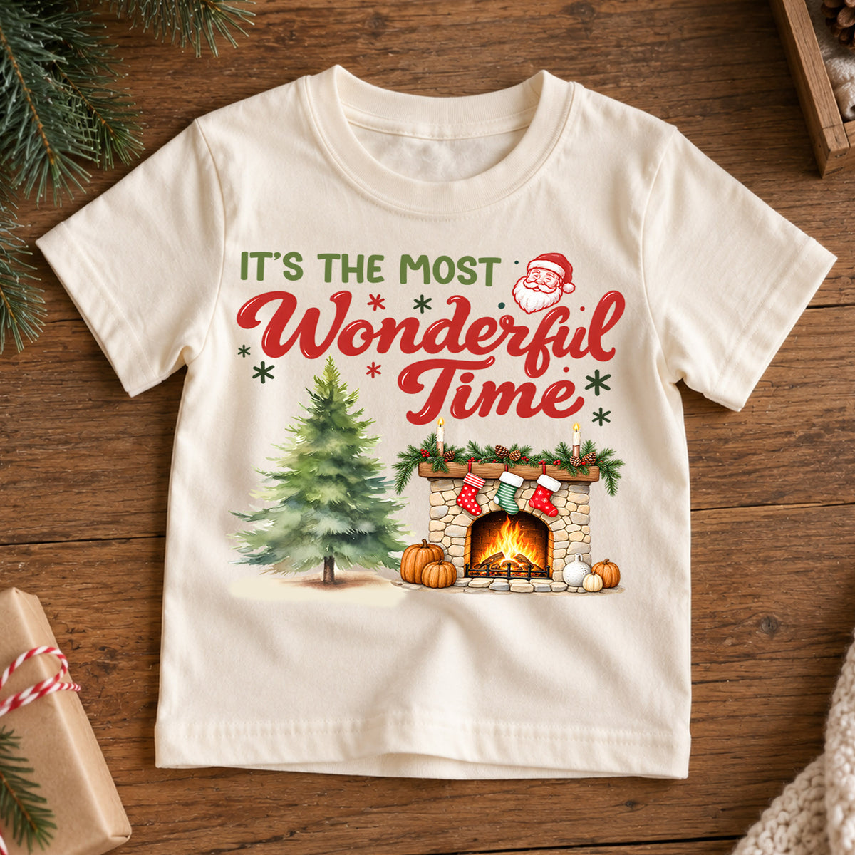 Wonderful Time Santa Claus Face Christmas Shirt, Cozy Fireplace Holiday Kids Tee, Festive Winter Outfit, Cute Christmas Gift for Kids — product view 7