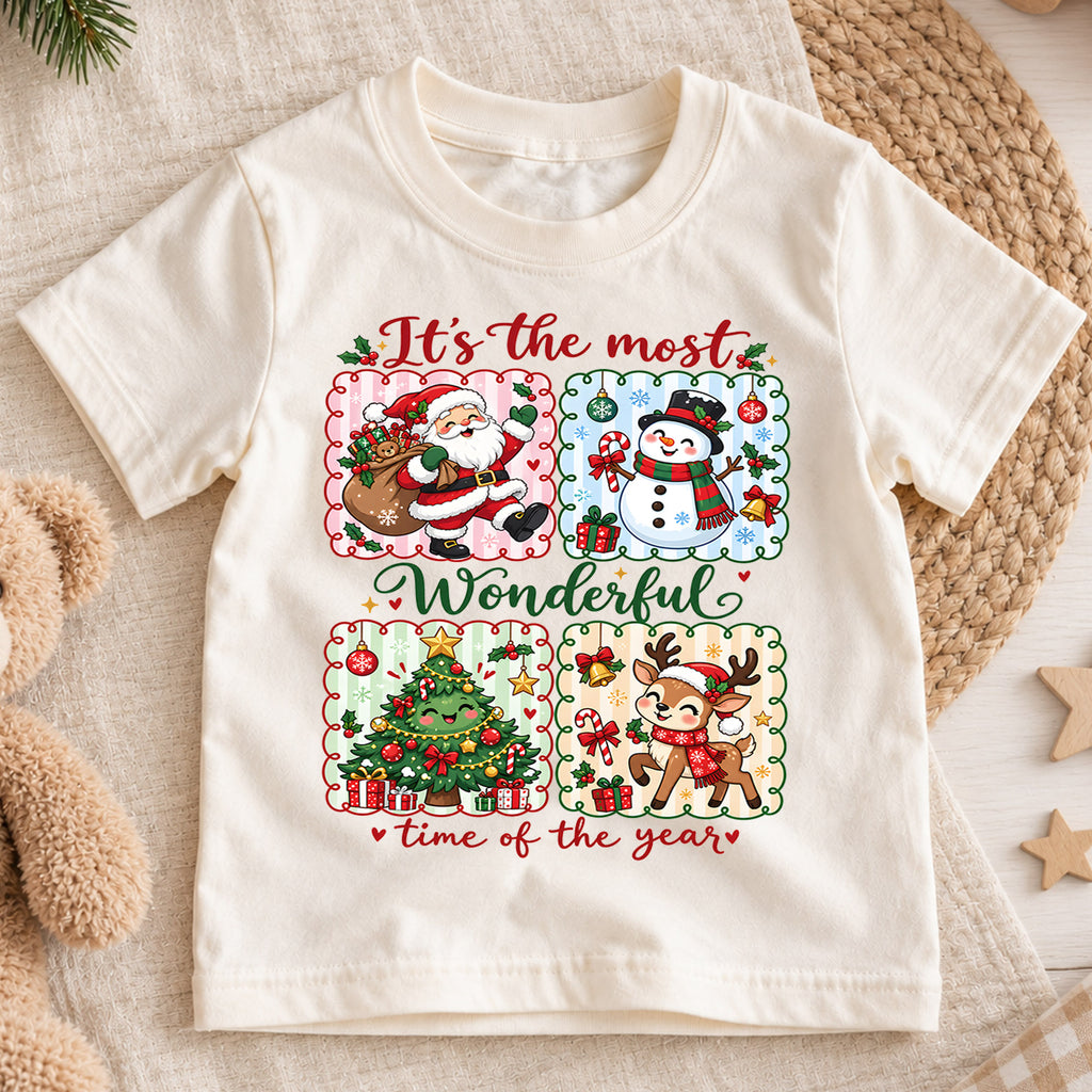 Retro Wonderful Time Christmas Shirt, Four Panel Grid with Cute Holiday Characters, Vintage Kids Tee, Festive Winter Gift for Children — product view 1