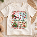 Retro Wonderful Time Christmas Shirt, Four Panel Grid with Cute Holiday Characters, Vintage Kids Tee, Festive Winter Gift for Children — product view 1