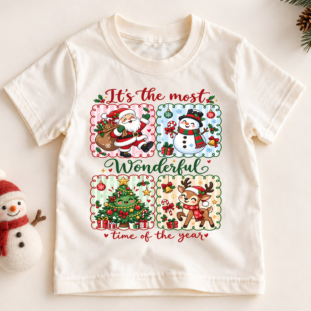 Retro Wonderful Time Christmas Shirt, Four Panel Grid with Cute Holiday Characters, Vintage Kids Tee, Festive Winter Gift for Children — product view 2