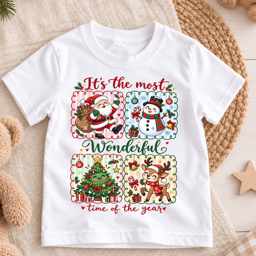 Retro Wonderful Time Christmas Shirt, Four Panel Grid with Cute Holiday Characters, Vintage Kids Tee, Festive Winter Gift for Children — product view 3