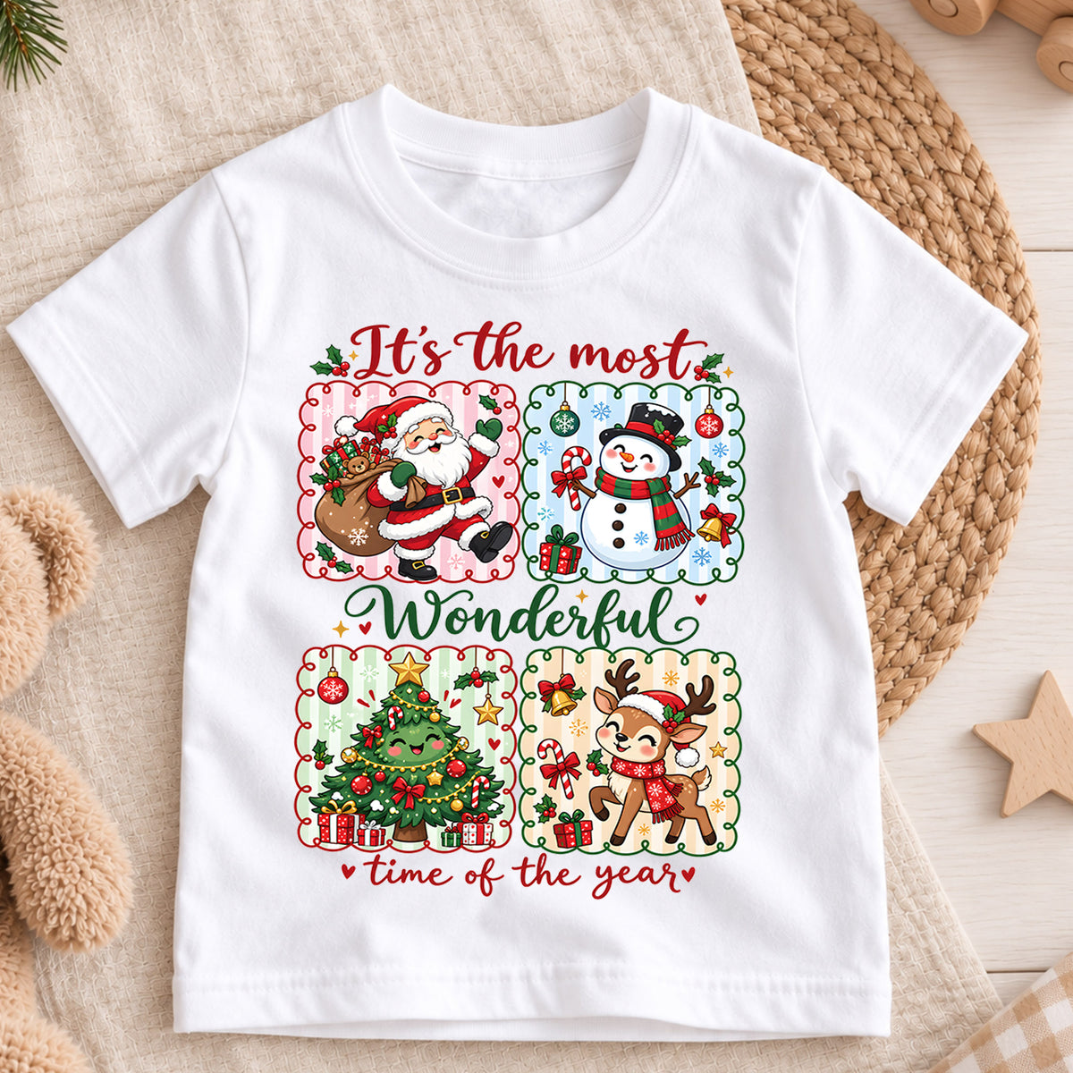 Retro Wonderful Time Christmas Shirt, Four Panel Grid with Cute Holiday Characters, Vintage Kids Tee, Festive Winter Gift for Children — product view 3