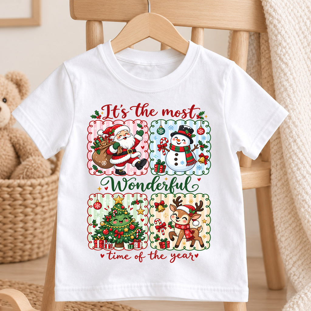 Retro Wonderful Time Christmas Shirt, Four Panel Grid with Cute Holiday Characters, Vintage Kids Tee, Festive Winter Gift for Children — product view 4