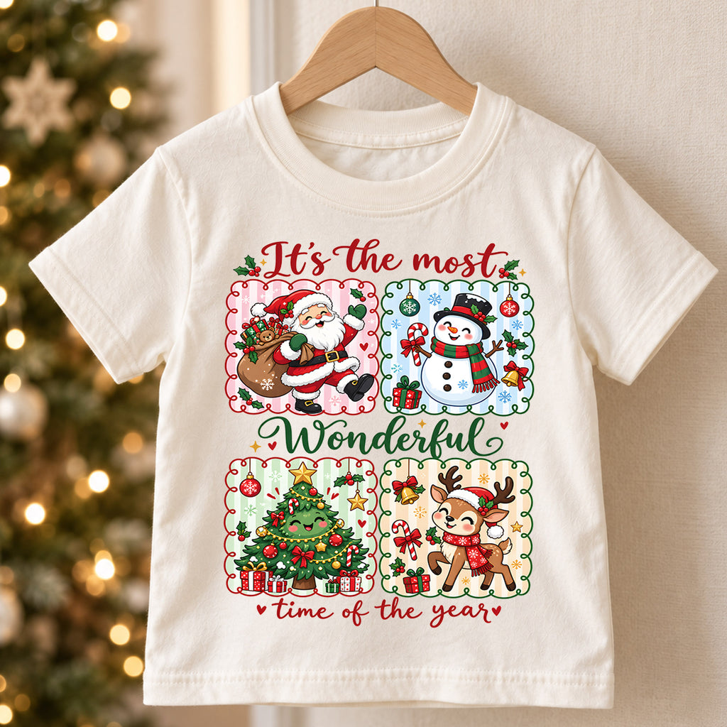 Retro Wonderful Time Christmas Shirt, Four Panel Grid with Cute Holiday Characters, Vintage Kids Tee, Festive Winter Gift for Children — product view 5