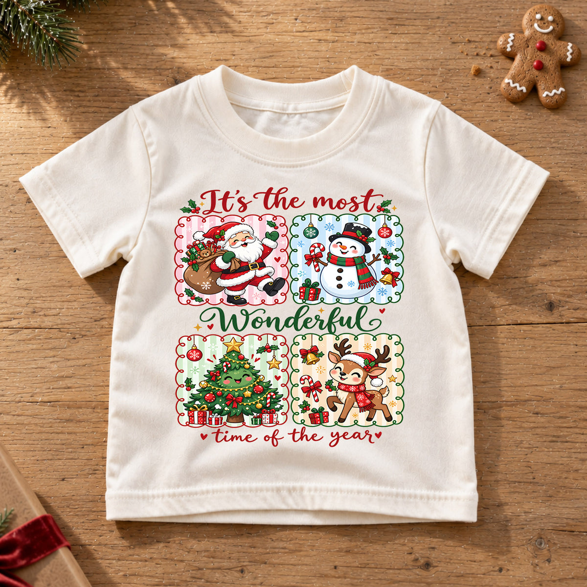 Retro Wonderful Time Christmas Shirt, Four Panel Grid with Cute Holiday Characters, Vintage Kids Tee, Festive Winter Gift for Children — product view 6
