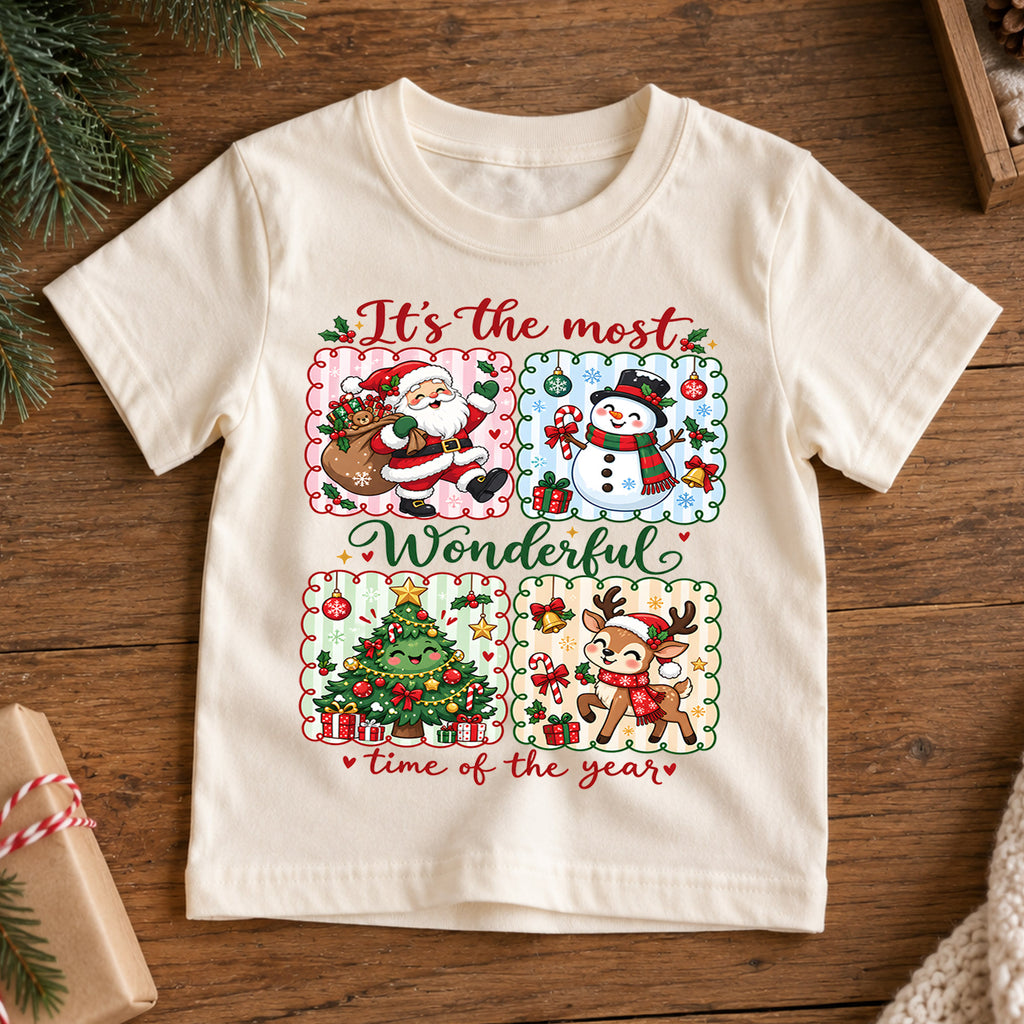 Retro Wonderful Time Christmas Shirt, Four Panel Grid with Cute Holiday Characters, Vintage Kids Tee, Festive Winter Gift for Children — product view 7