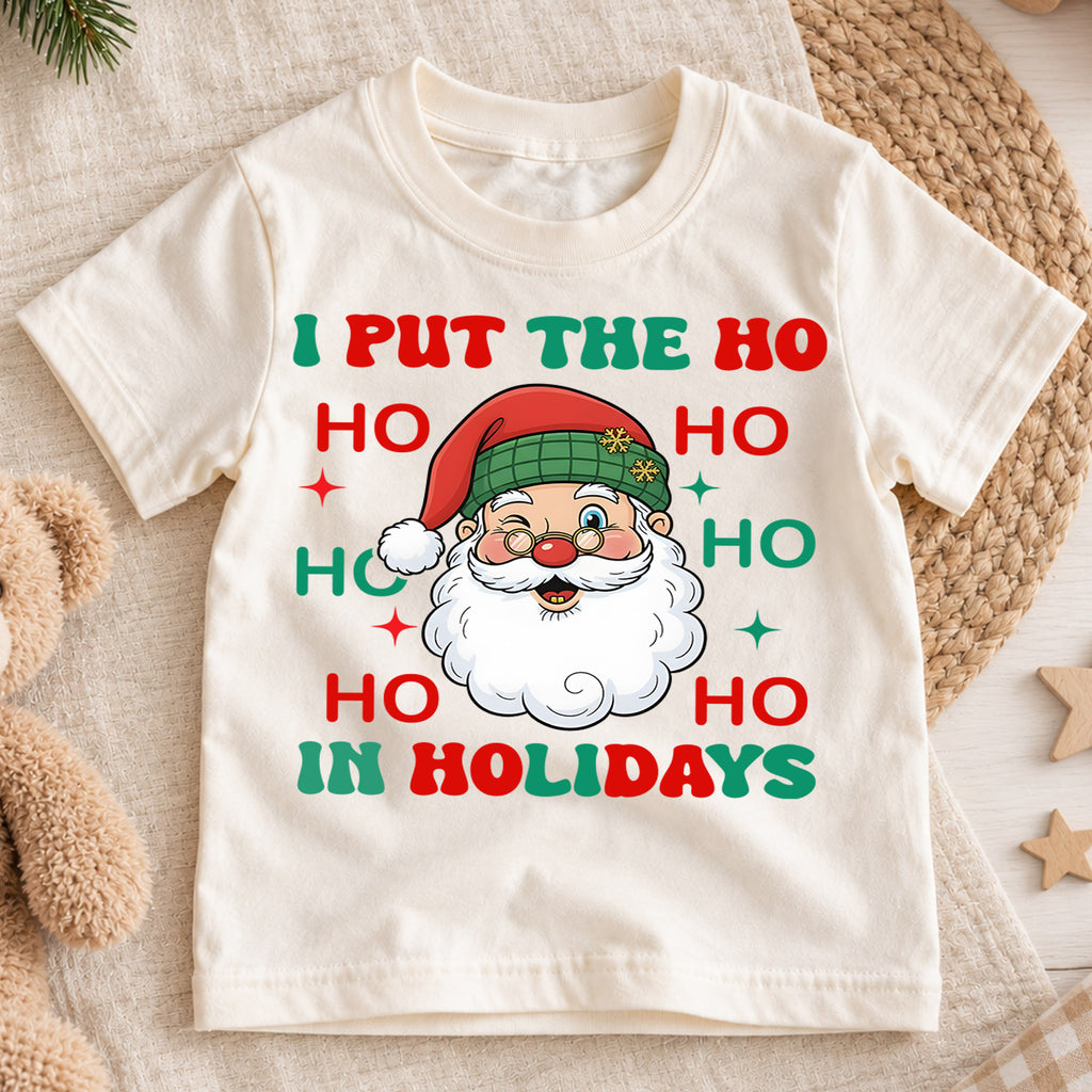 Funny Ho Ho Ho Holidays Christmas Shirt, Cute Santa Claus Graphic Kids Tee, Festive Winter Outfit, Funny Christmas Gift for Toddlers — product view 1