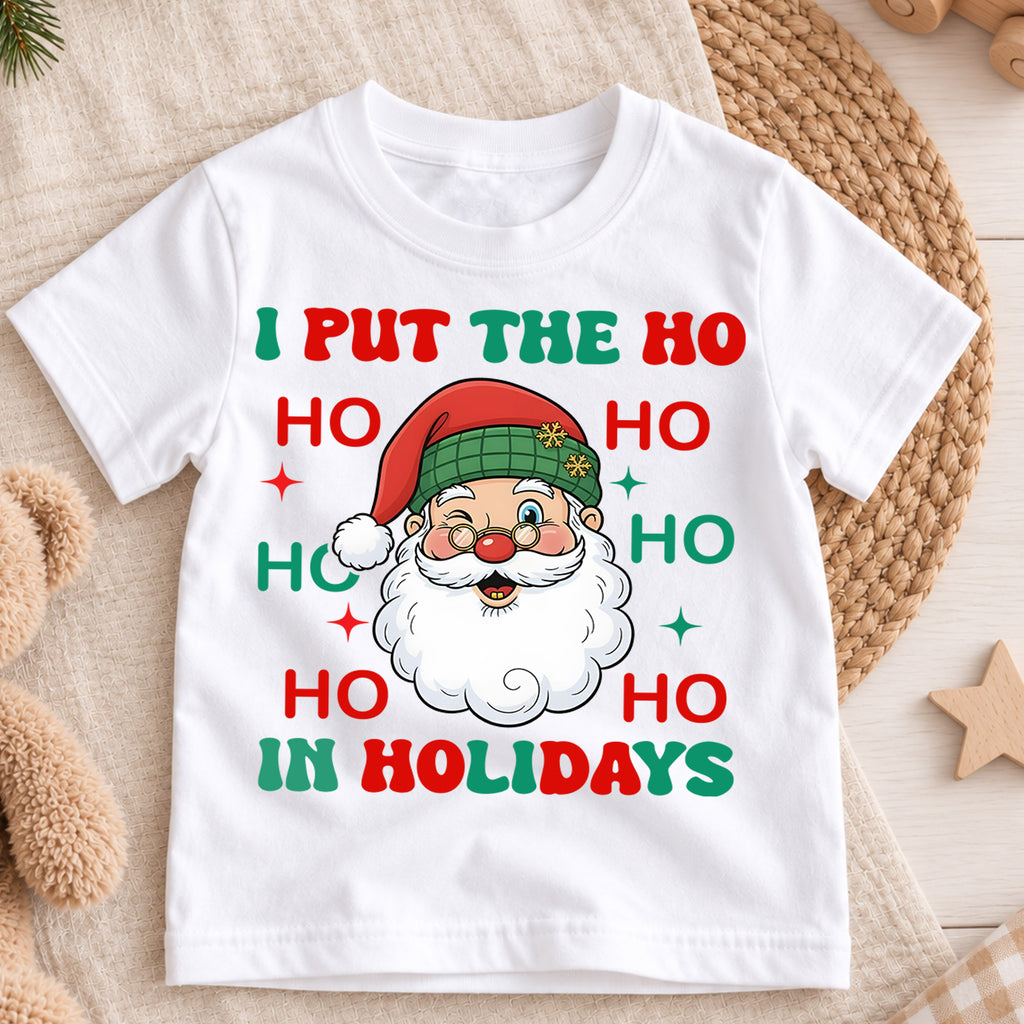 Funny Ho Ho Ho Holidays Christmas Shirt, Cute Santa Claus Graphic Kids Tee, Festive Winter Outfit, Funny Christmas Gift for Toddlers — product view 3