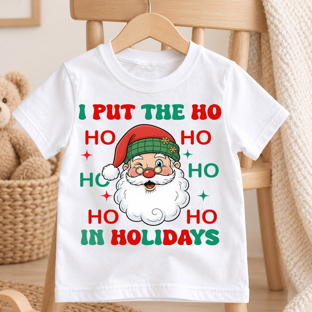 Funny Ho Ho Ho Holidays Christmas Shirt, Cute Santa Claus Graphic Kids Tee, Festive Winter Outfit, Funny Christmas Gift for Toddlers — product view 4