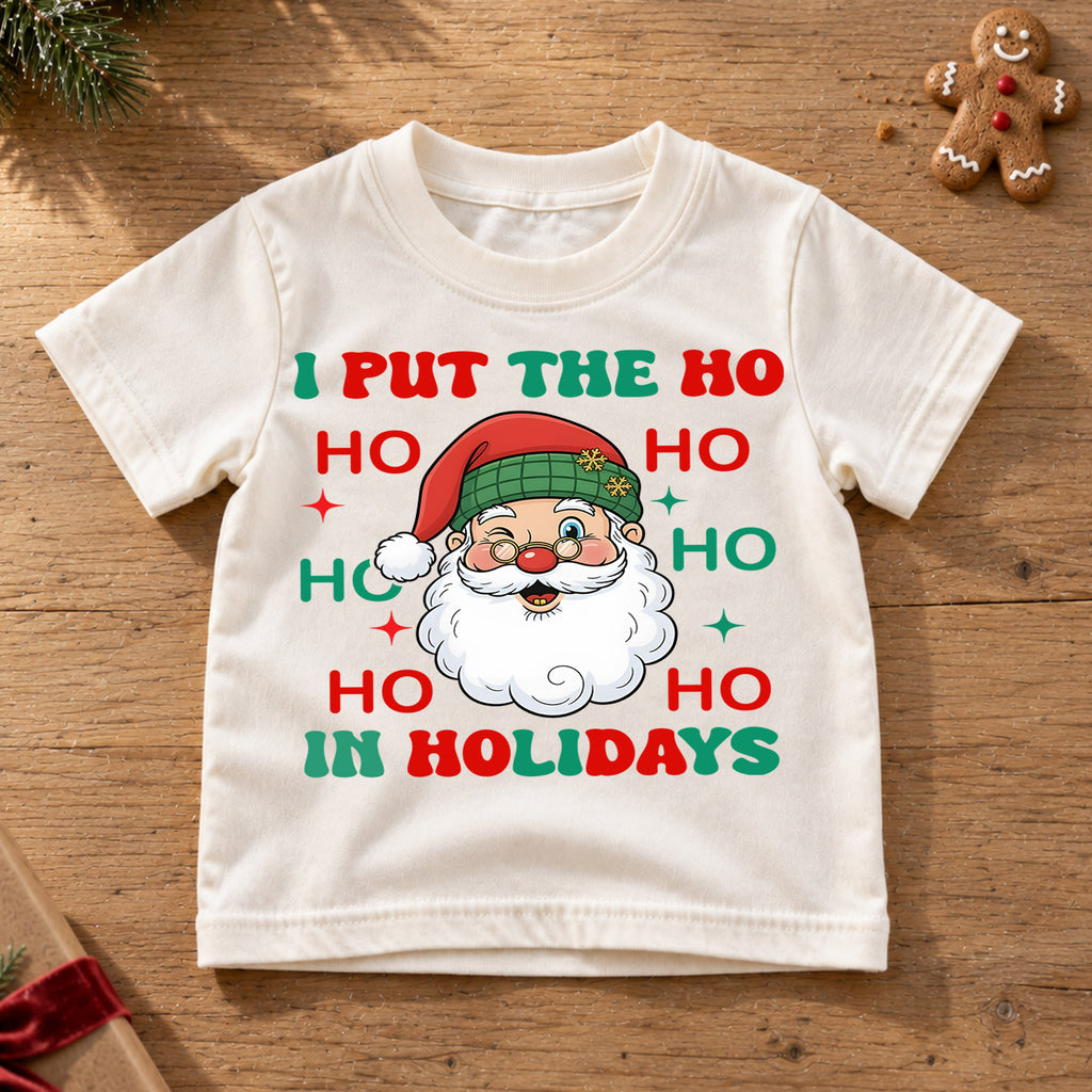 Funny Ho Ho Ho Holidays Christmas Shirt, Cute Santa Claus Graphic Kids Tee, Festive Winter Outfit, Funny Christmas Gift for Toddlers — product view 6
