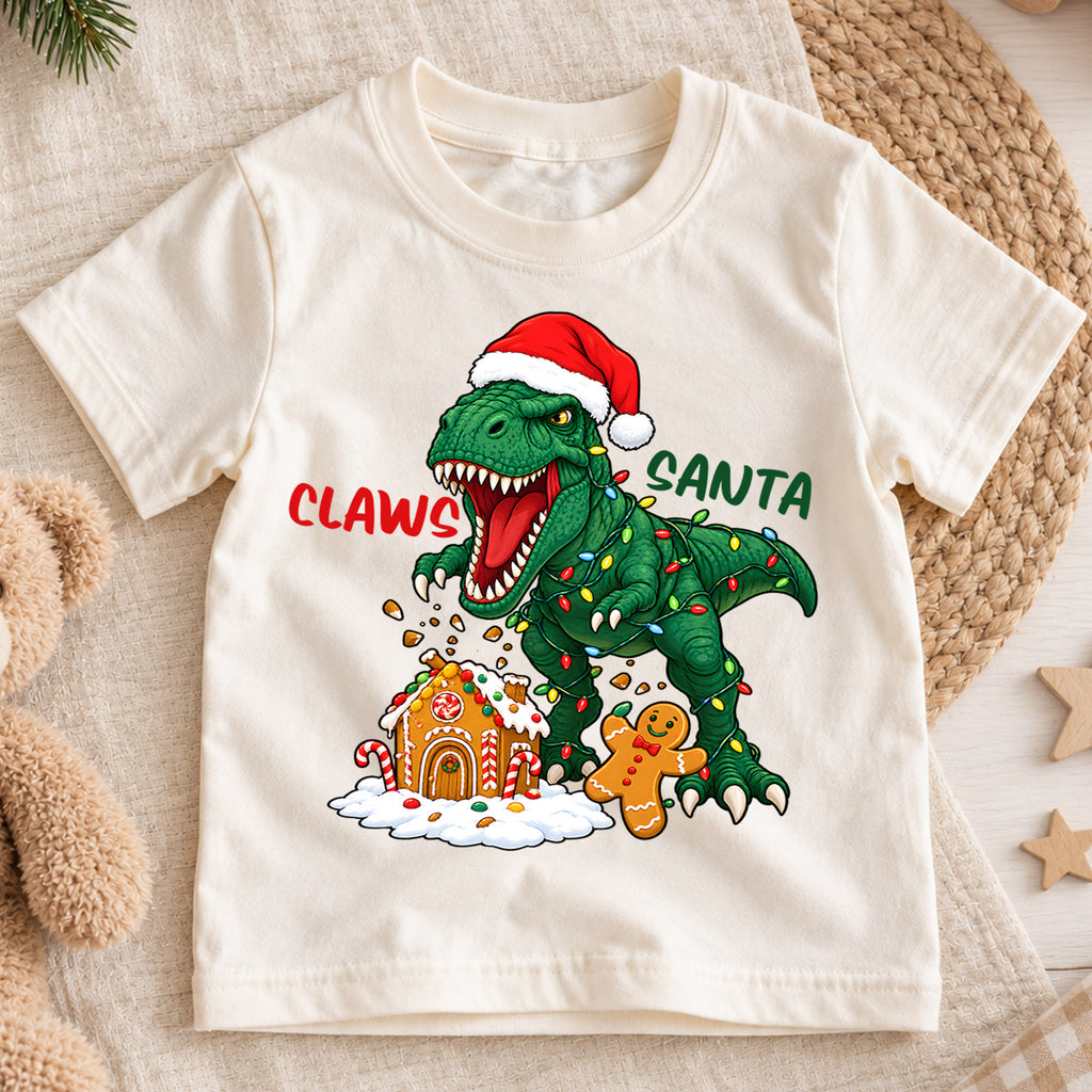 Funny Claws Santa T-Rex Christmas Shirt, Dinosaur Holiday Kids Tee, Cute Festive Winter Outfit, Funny Christmas Gift for Little Boys — product view 1