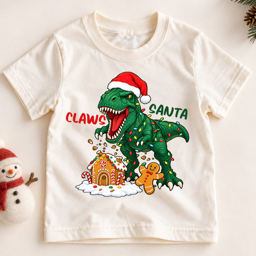 Funny Claws Santa T-Rex Christmas Shirt, Dinosaur Holiday Kids Tee, Cute Festive Winter Outfit, Funny Christmas Gift for Little Boys — product view 2