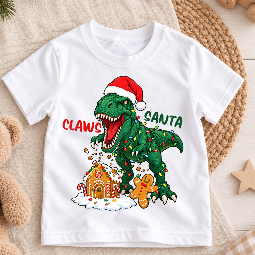 Funny Claws Santa T-Rex Christmas Shirt, Dinosaur Holiday Kids Tee, Cute Festive Winter Outfit, Funny Christmas Gift for Little Boys — product view 3