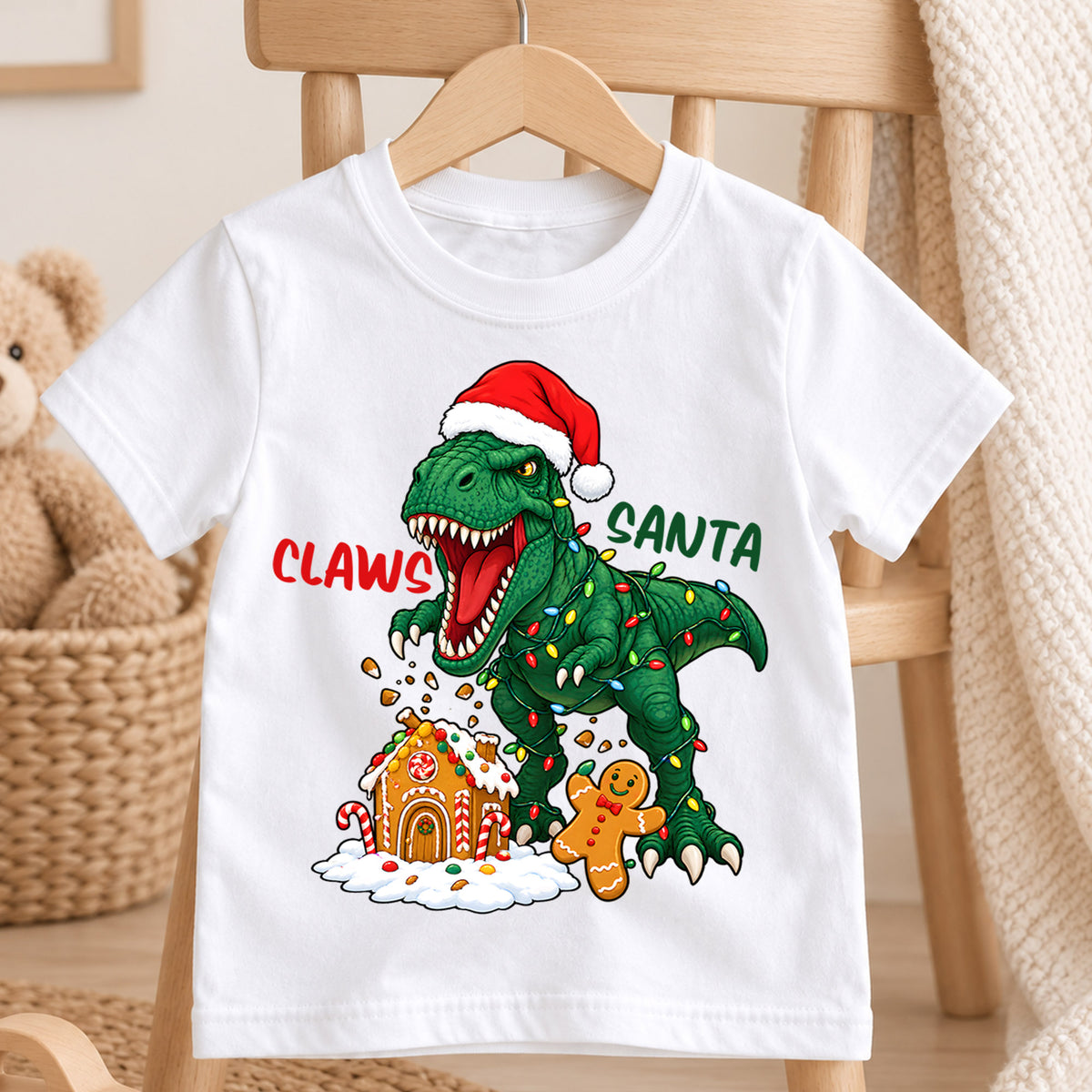 Funny Claws Santa T-Rex Christmas Shirt, Dinosaur Holiday Kids Tee, Cute Festive Winter Outfit, Funny Christmas Gift for Little Boys — product view 4