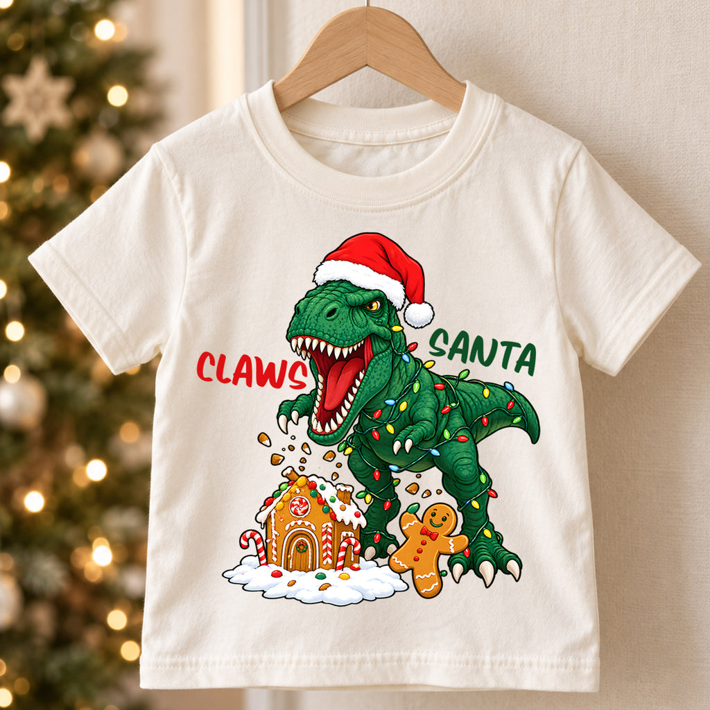 Funny Claws Santa T-Rex Christmas Shirt, Dinosaur Holiday Kids Tee, Cute Festive Winter Outfit, Funny Christmas Gift for Little Boys — product view 5