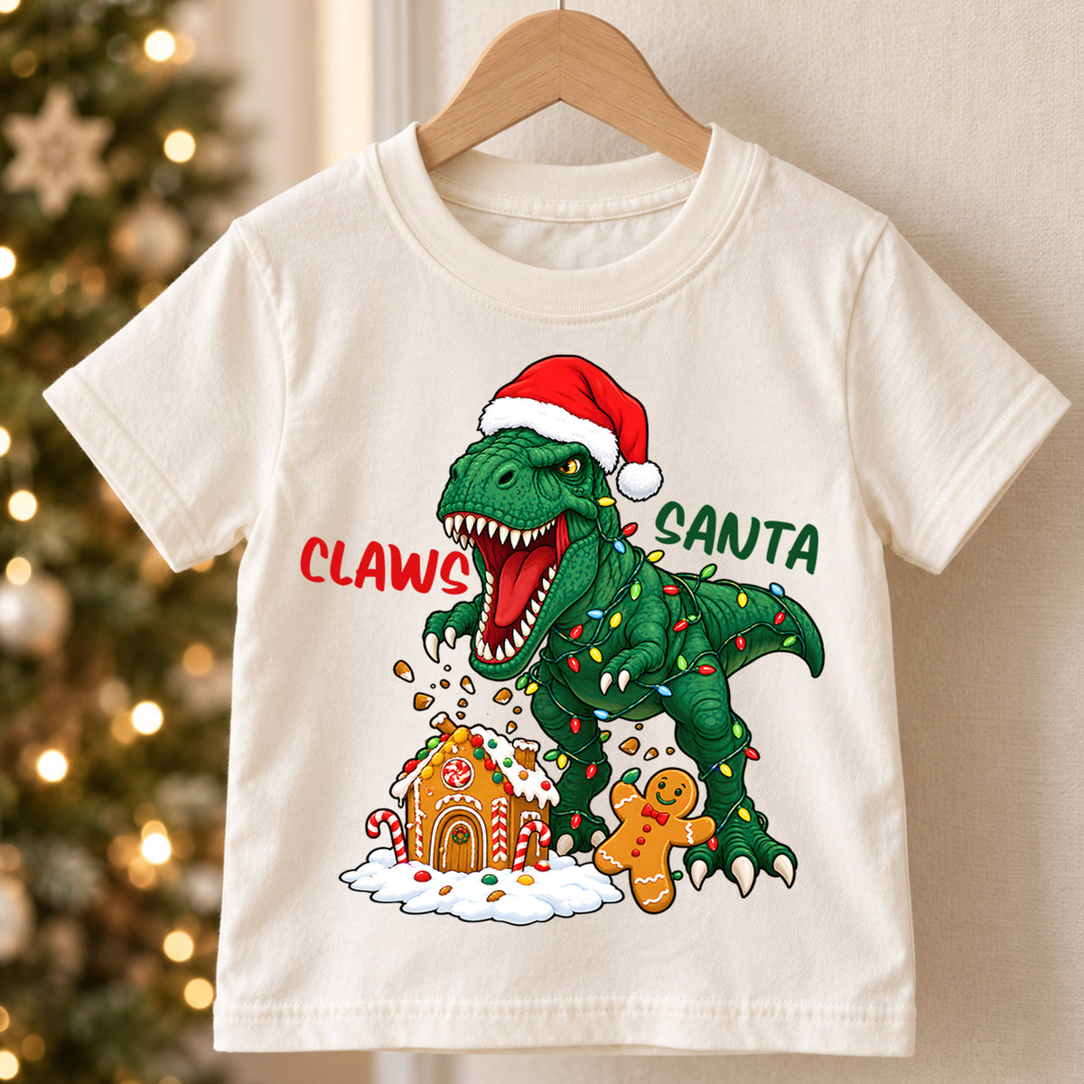 Funny Claws Santa T-Rex Christmas Shirt, Dinosaur Holiday Kids Tee, Cute Festive Winter Outfit, Funny Christmas Gift for Little Boys — product view 5