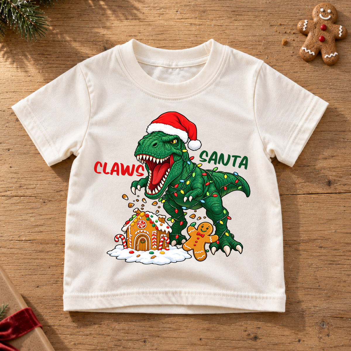 Funny Claws Santa T-Rex Christmas Shirt, Dinosaur Holiday Kids Tee, Cute Festive Winter Outfit, Funny Christmas Gift for Little Boys — product view 6