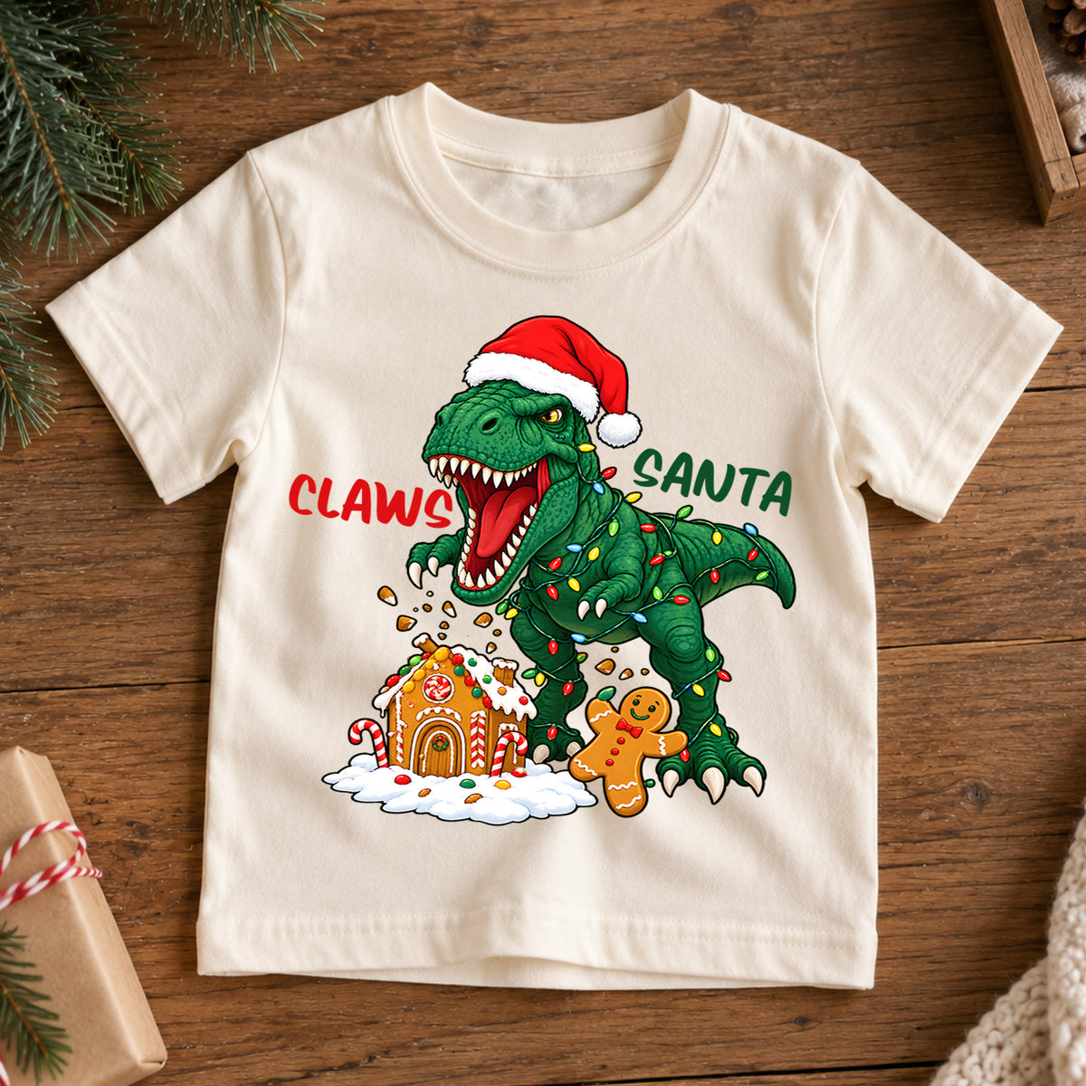 Funny Claws Santa T-Rex Christmas Shirt, Dinosaur Holiday Kids Tee, Cute Festive Winter Outfit, Funny Christmas Gift for Little Boys — product view 7