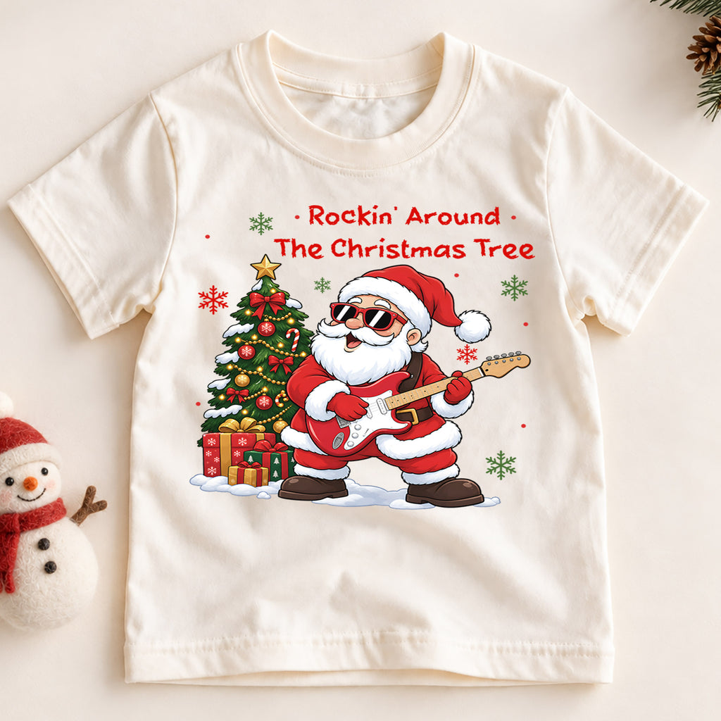 Rockin Around the Christmas Tree Santa Shirt, Guitar Music Christmas Kids Tee, Festive Holiday Outfit, Cute Christmas Gift for Toddlers — product view 2
