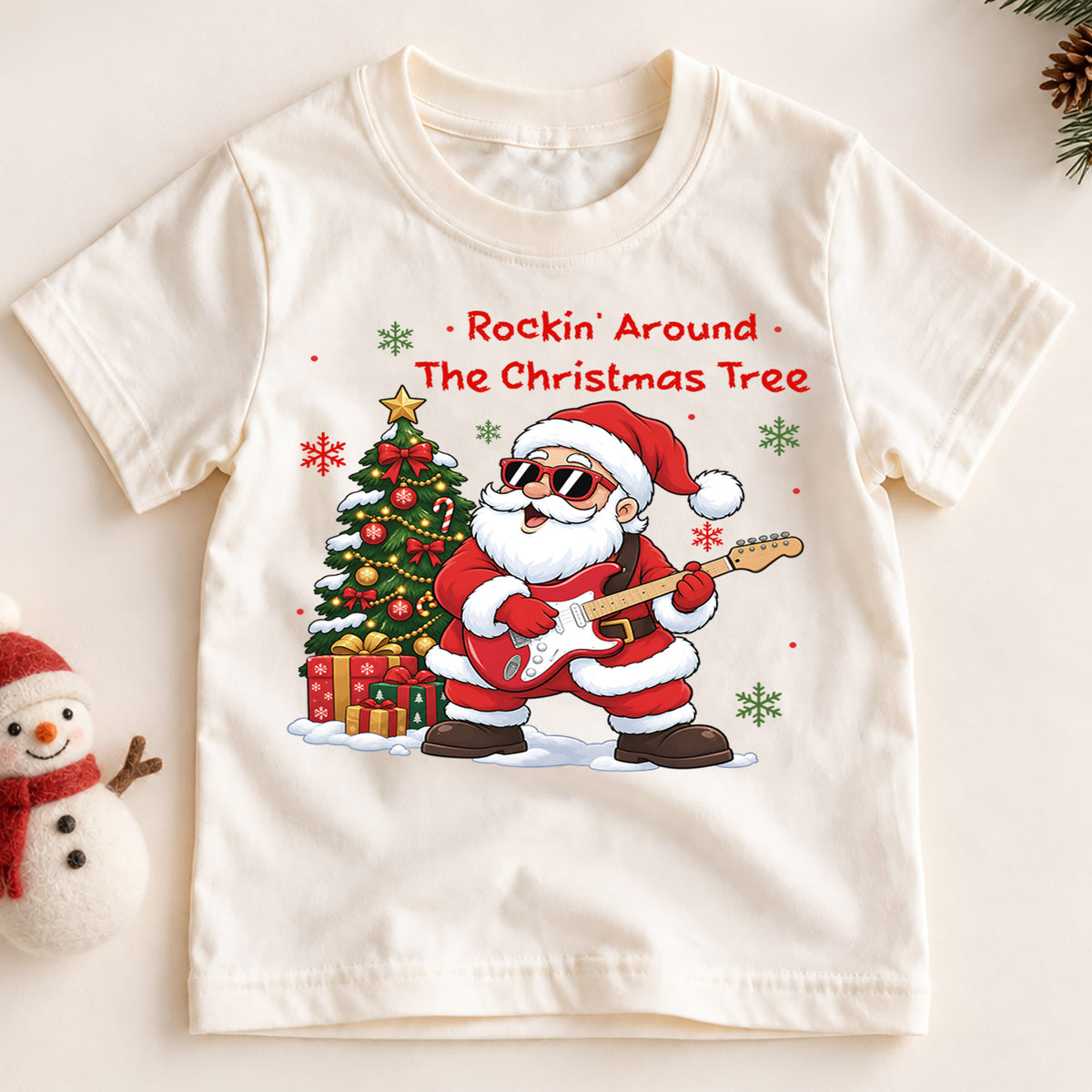Rockin Around the Christmas Tree Santa Shirt, Guitar Music Christmas Kids Tee, Festive Holiday Outfit, Cute Christmas Gift for Toddlers — product view 2