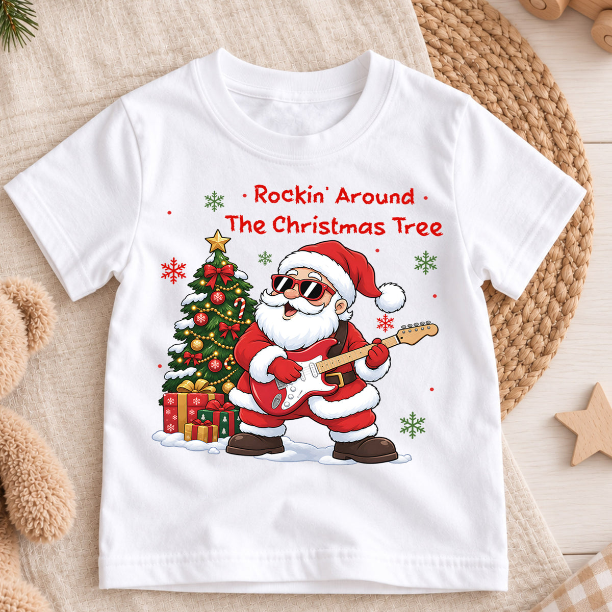 Rockin Around the Christmas Tree Santa Shirt, Guitar Music Christmas Kids Tee, Festive Holiday Outfit, Cute Christmas Gift for Toddlers — product view 3