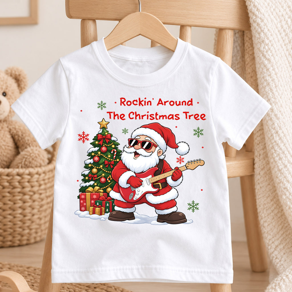 Rockin Around the Christmas Tree Santa Shirt, Guitar Music Christmas Kids Tee, Festive Holiday Outfit, Cute Christmas Gift for Toddlers — product view 4