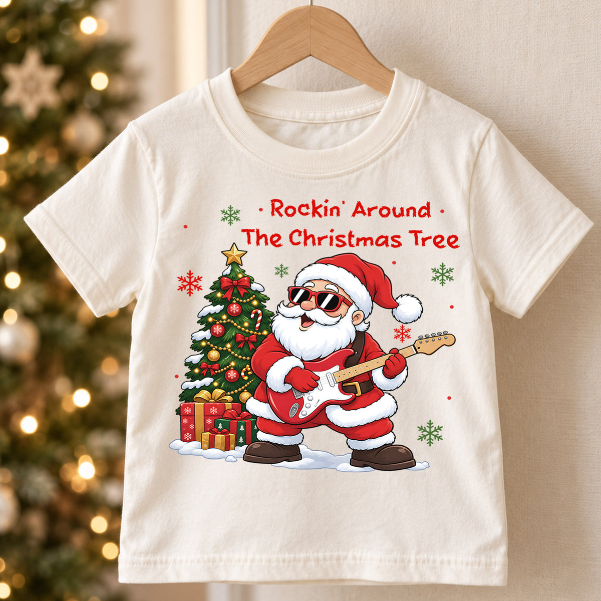 Rockin Around the Christmas Tree Santa Shirt, Guitar Music Christmas Kids Tee, Festive Holiday Outfit, Cute Christmas Gift for Toddlers — product view 5