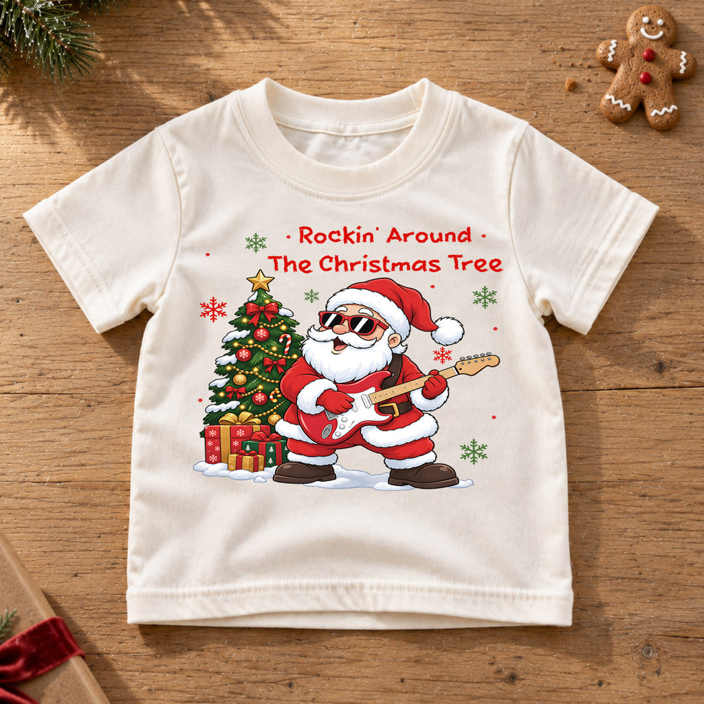 Rockin Around the Christmas Tree Santa Shirt, Guitar Music Christmas Kids Tee, Festive Holiday Outfit, Cute Christmas Gift for Toddlers — product view 6