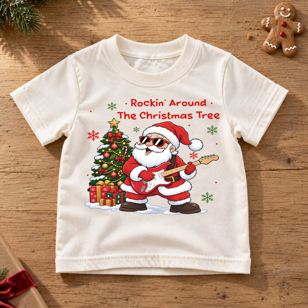 Rockin Around the Christmas Tree Santa Shirt, Guitar Music Christmas Kids Tee, Festive Holiday Outfit, Cute Christmas Gift for Toddlers — product view 6