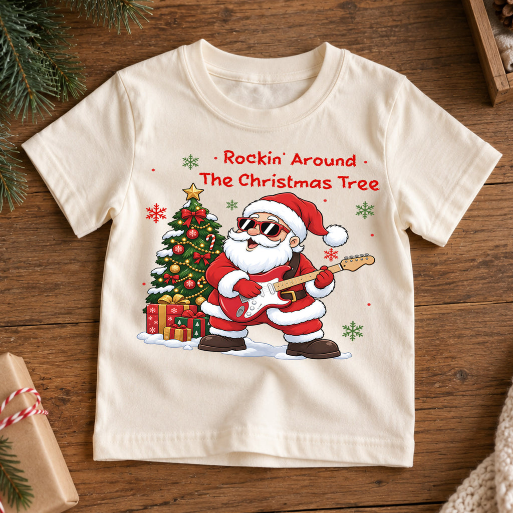 Rockin Around the Christmas Tree Santa Shirt, Guitar Music Christmas Kids Tee, Festive Holiday Outfit, Cute Christmas Gift for Toddlers — product view 7