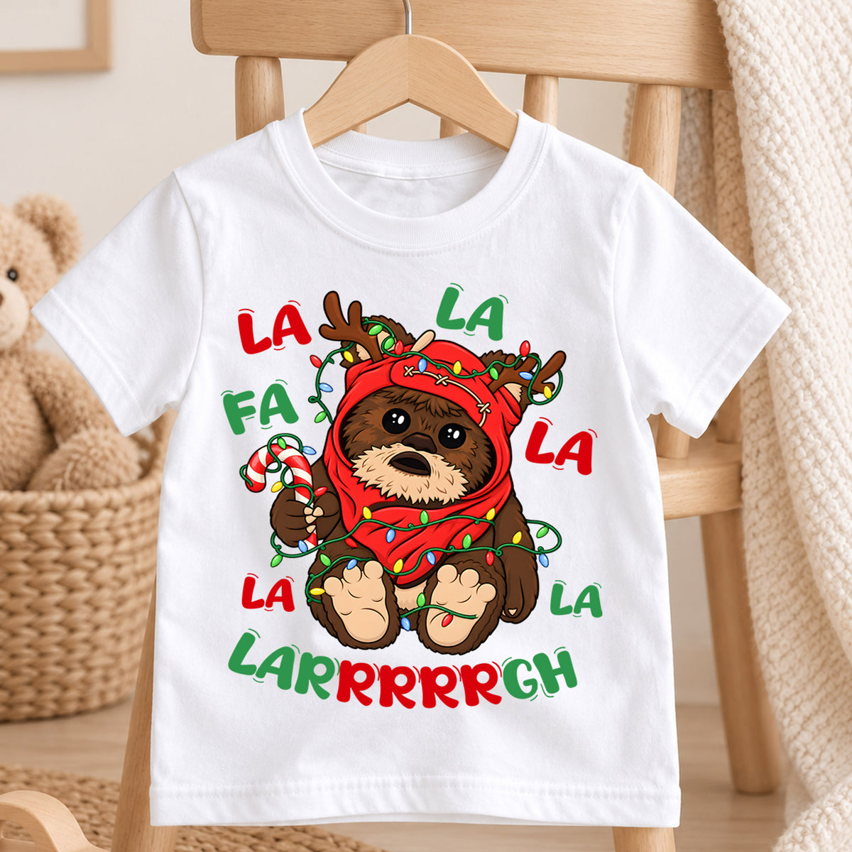 Cute Fa La La Ewok Christmas Shirt, Star Wars Holiday Kids Tee, Festive Winter Holiday Graphic Top, Fun Christmas Gift for Young Fans — product view 4