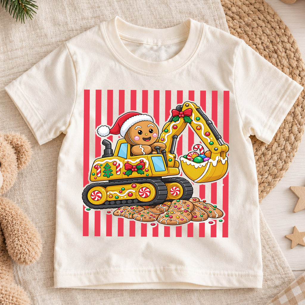 Cute Gingerbread Excavator Christmas Shirt, Construction Truck Holiday Kids Tee, Festive Winter Outfit, Christmas Gift for Little Builders — product view 1