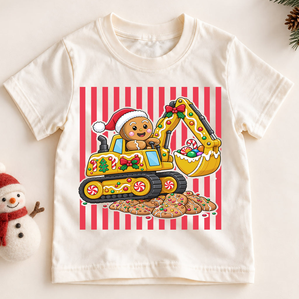 Cute Gingerbread Excavator Christmas Shirt, Construction Truck Holiday Kids Tee, Festive Winter Outfit, Christmas Gift for Little Builders — product view 2
