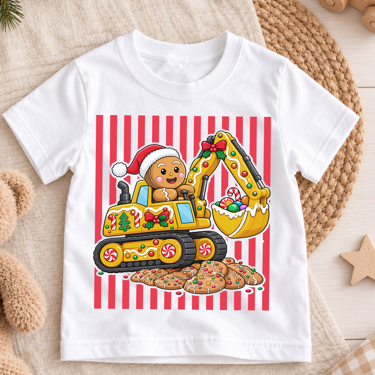 Cute Gingerbread Excavator Christmas Shirt, Construction Truck Holiday Kids Tee, Festive Winter Outfit, Christmas Gift for Little Builders — product view 3