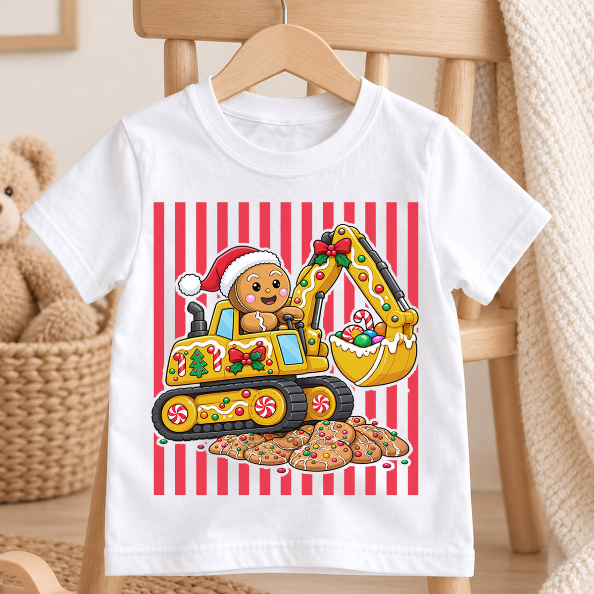 Cute Gingerbread Excavator Christmas Shirt, Construction Truck Holiday Kids Tee, Festive Winter Outfit, Christmas Gift for Little Builders — product view 4