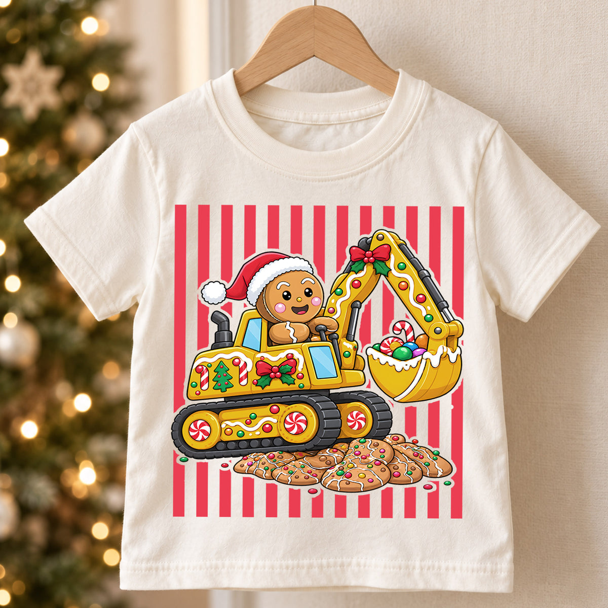 Cute Gingerbread Excavator Christmas Shirt, Construction Truck Holiday Kids Tee, Festive Winter Outfit, Christmas Gift for Little Builders — product view 5