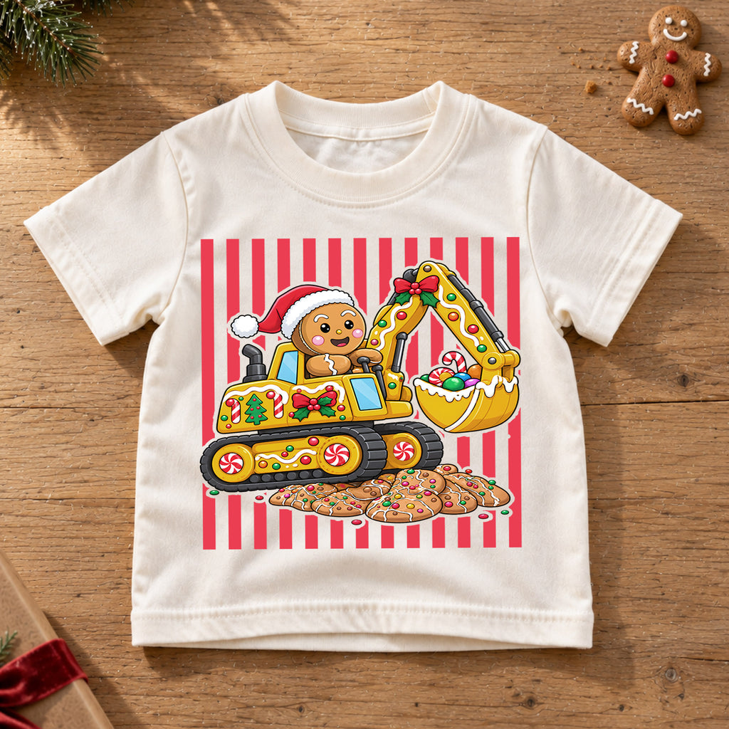 Cute Gingerbread Excavator Christmas Shirt, Construction Truck Holiday Kids Tee, Festive Winter Outfit, Christmas Gift for Little Builders — product view 6