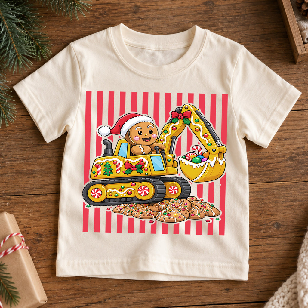 Cute Gingerbread Excavator Christmas Shirt, Construction Truck Holiday Kids Tee, Festive Winter Outfit, Christmas Gift for Little Builders — product view 7