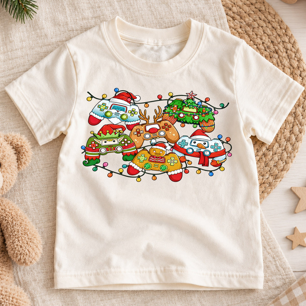 Gamer Christmas Controllers Shirt, Festive Holiday Video Game Tee, Kids Winter Top, Funny Gamer Christmas Outfit, Video Game Holiday Gift — product view 1