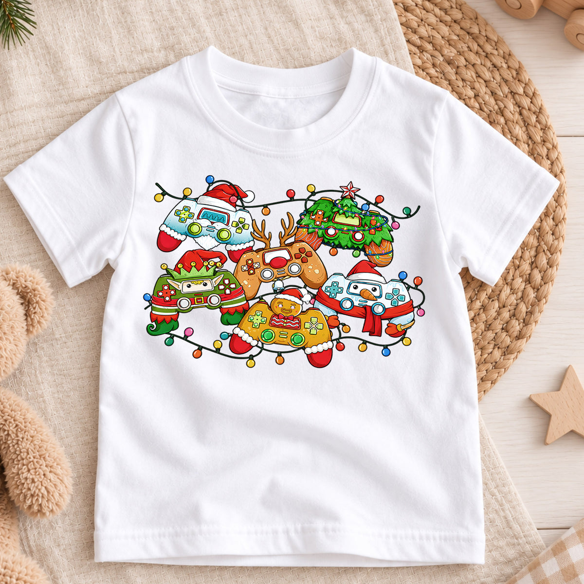 Gamer Christmas Controllers Shirt, Festive Holiday Video Game Tee, Kids Winter Top, Funny Gamer Christmas Outfit, Video Game Holiday Gift — product view 3