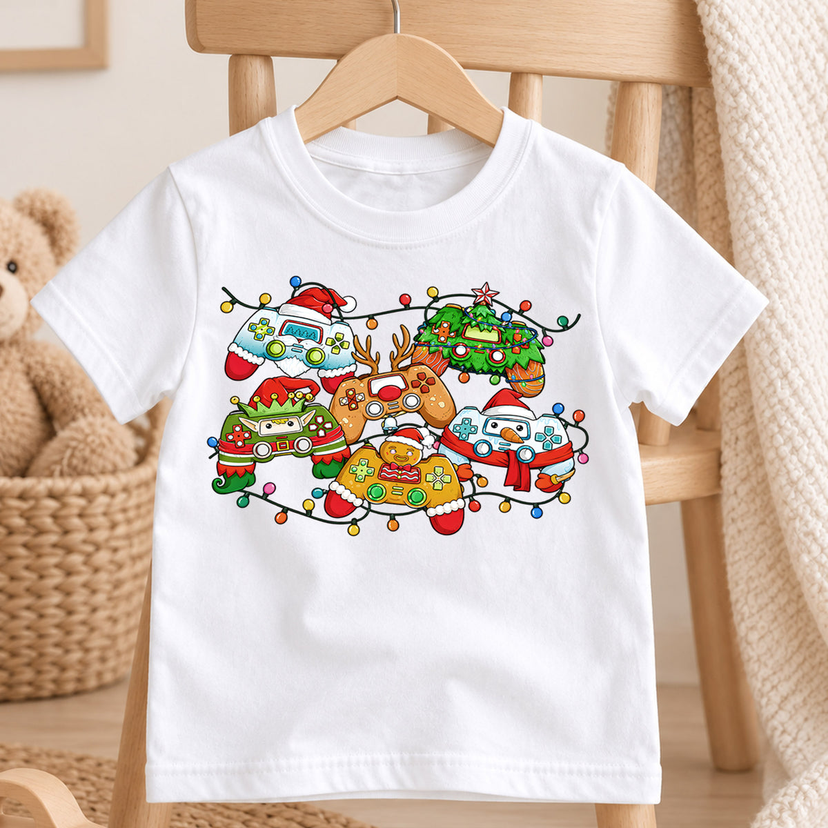 Gamer Christmas Controllers Shirt, Festive Holiday Video Game Tee, Kids Winter Top, Funny Gamer Christmas Outfit, Video Game Holiday Gift — product view 4