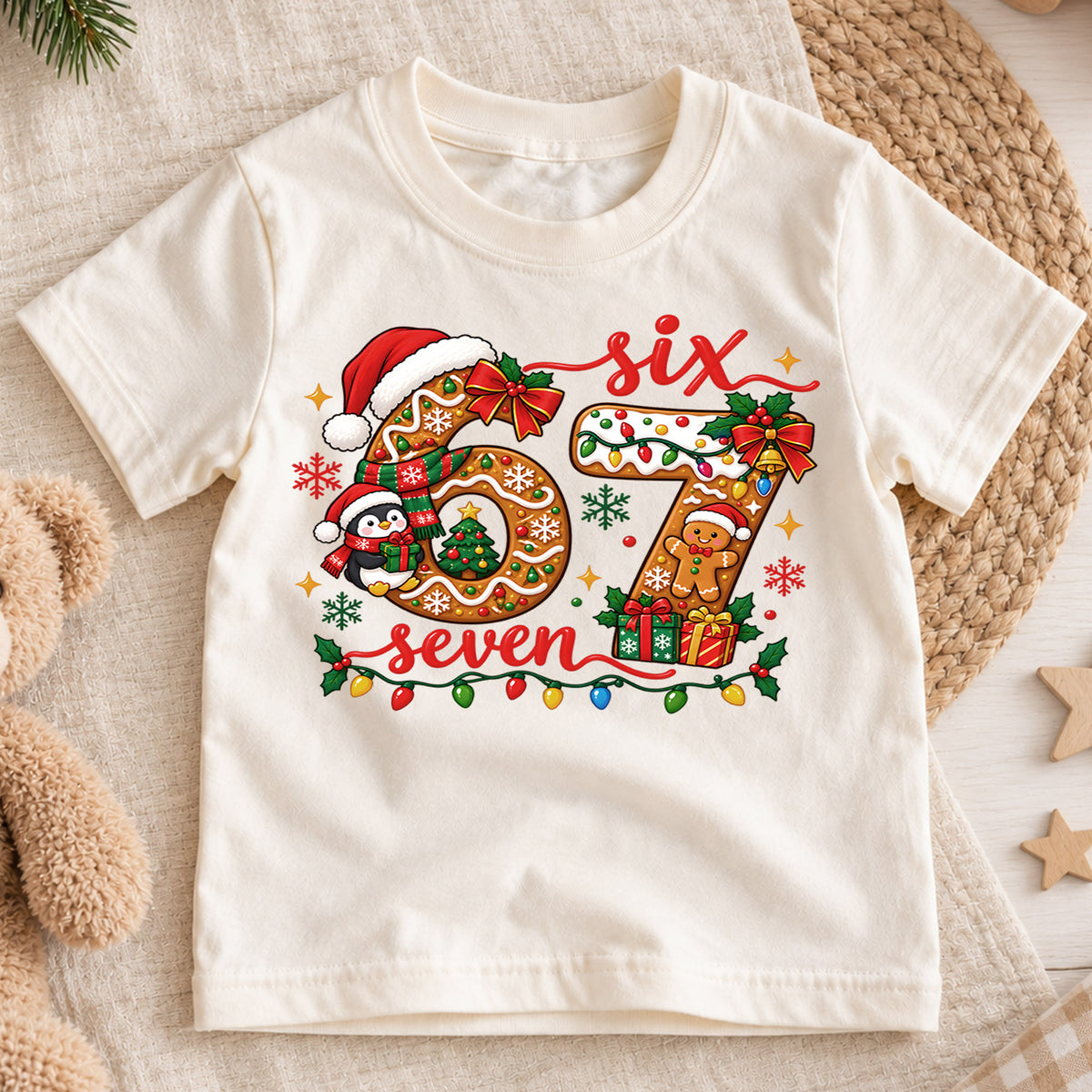 Cute 6th and 7th Birthday Christmas Shirt, Holiday Number Graphic Kids Tee, Festive Winter Birthday Outfit, Birthday Gift for Kids — product view 1